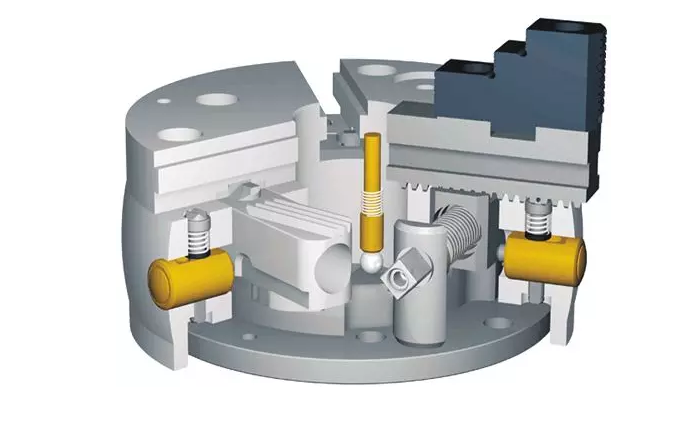 SCHUNK卡盤的基本結(jié)構(gòu)包括強化處理的卡盤基體，充分的油脂潤滑，磨損極為輕微。因此保持高精度下更長的使用壽命。獨具特色的外輪廓設(shè)計，使盡量少的冷卻液殘留在機床主軸或主軸軸承處。極端穩(wěn)固的盤體防止了因更高的夾持力及徑向負荷導(dǎo)致的精度失穩(wěn)狀況。大通孔，利于大尺寸棒料的通過及自動上下料 ?；Αㄓ眯院茫cF型及Duro型匹配。  　　卡爪快換系統(tǒng)：使用獨立鎖緊的卡爪，保持高精度的同時，極大縮短輔助時間(調(diào)整、更換)。